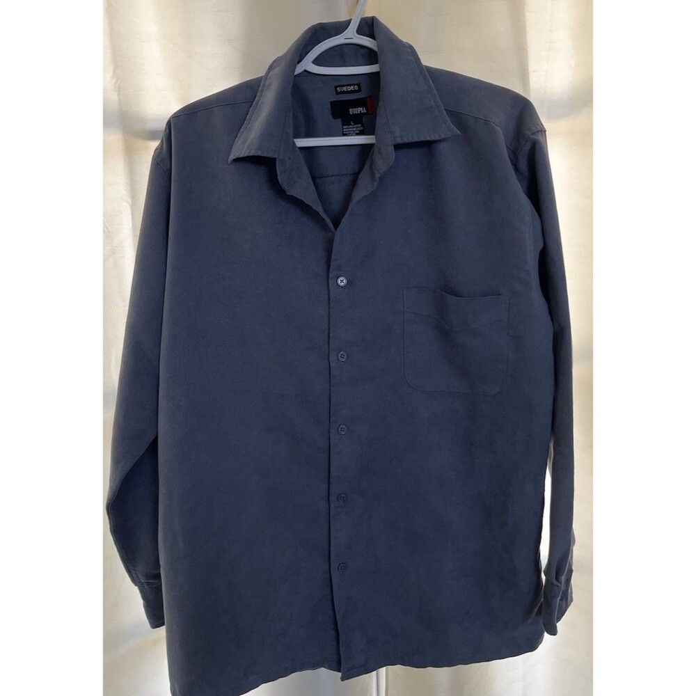 Utopia Suede Button Up Shirt Mens Large Gray Long Sleeve Soft Office Casual
